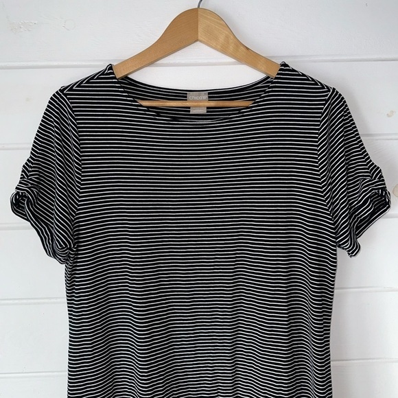 Chico’s Striped Swing Shirt Dress Stretchy Soft Sleeve Twist Detail Sz 12/14 (2) - Picture 2 of 7